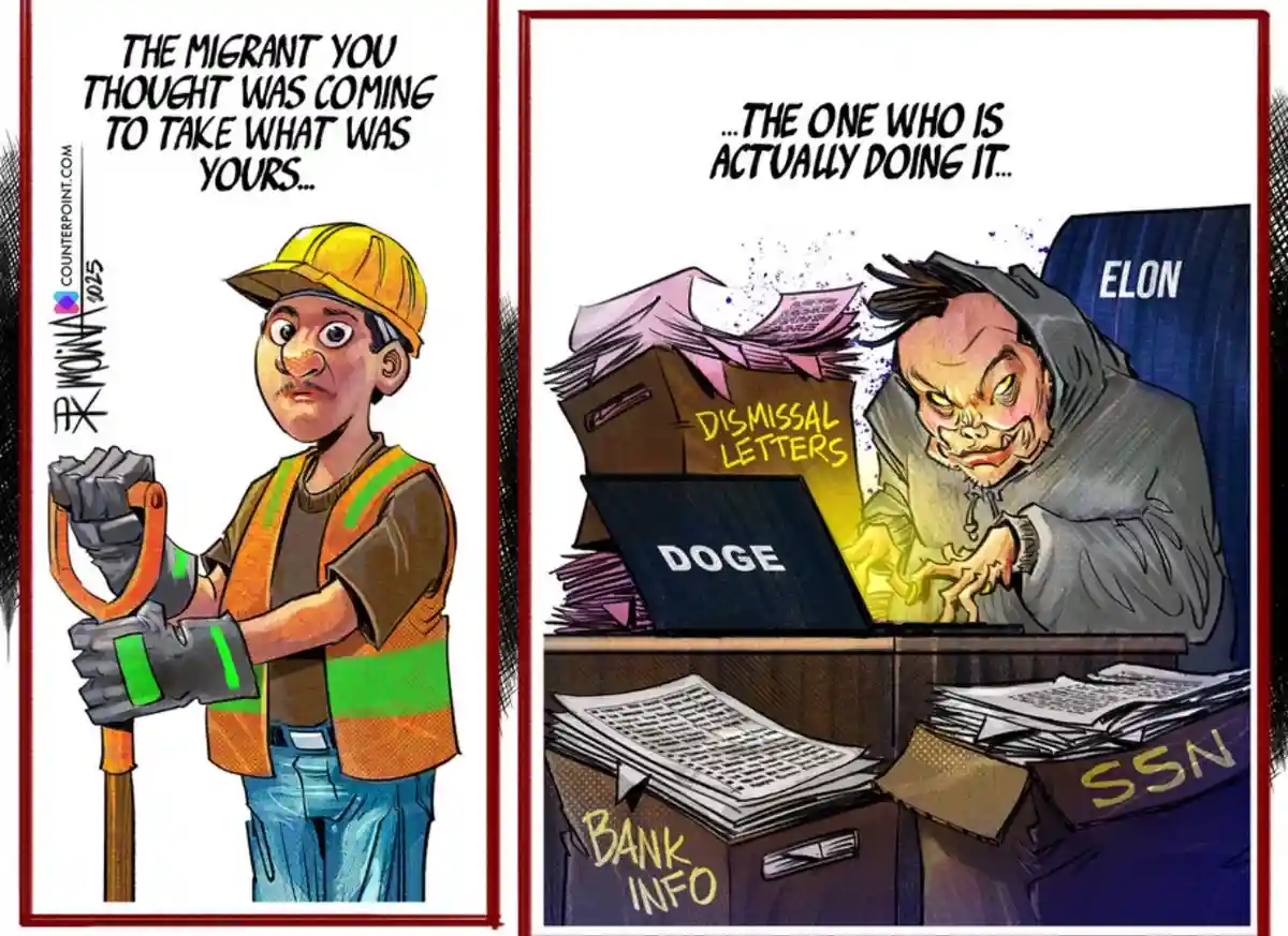 The image is a two-panel comic. The left panel shows a migrant worker in a yellow hard hat, orange safety vest, and gloves…