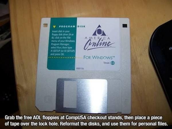 A close-up photo of a 3.5-inch floppy disk labeled 'America Online For Windows Version 2.5'. The disk has a green label with…