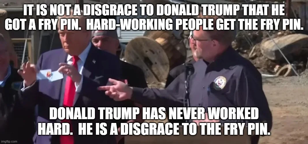 A photo shows Donald Trump holding a small fry pin while a man in a uniform gestures toward him. The image has two blocks of…