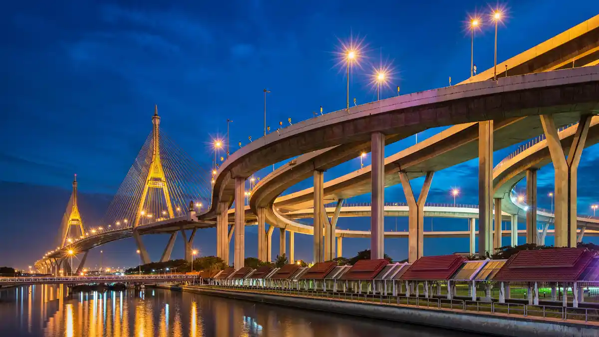 Amidst Bangkok's congested streets, the Industrial Ring Road's twisting concrete overpasses and glimmering streetlights form…