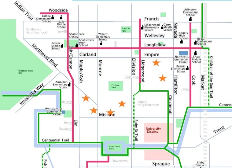 A city map showing streets, neighborhoods, and landmarks, with five orange stars overlaid on the Mission, Empire, and…