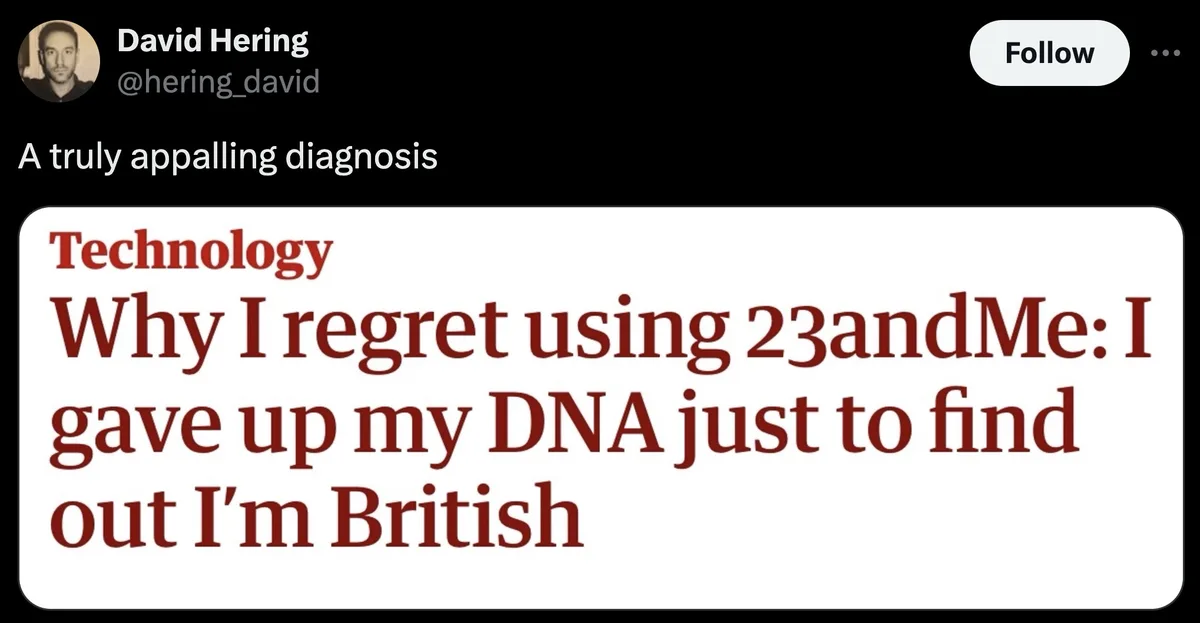 A screenshot of a tweet by David Hering showing a mock news article headline in red text on a white background. The headline…
