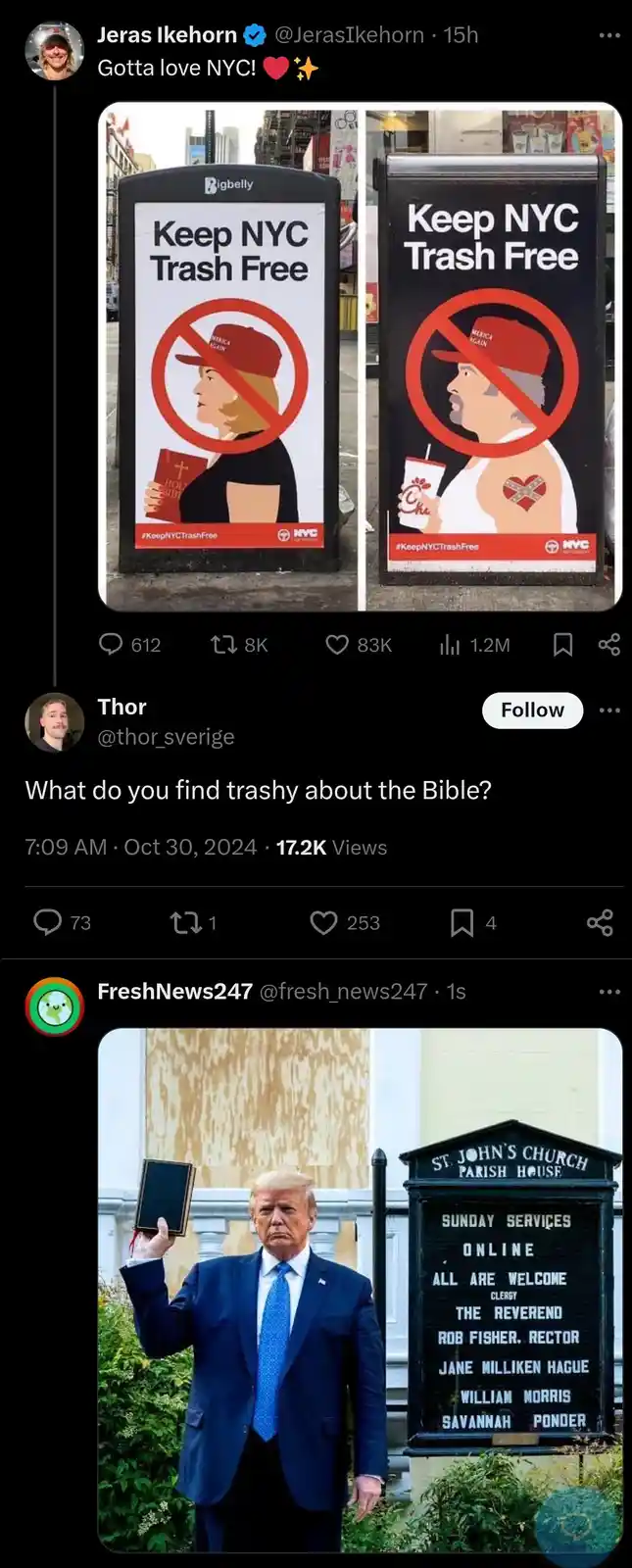 Two side-by-side NYC public service ads urge to 'Keep NYC Trash Free' by showing stylized figures of a woman holding a Bible…