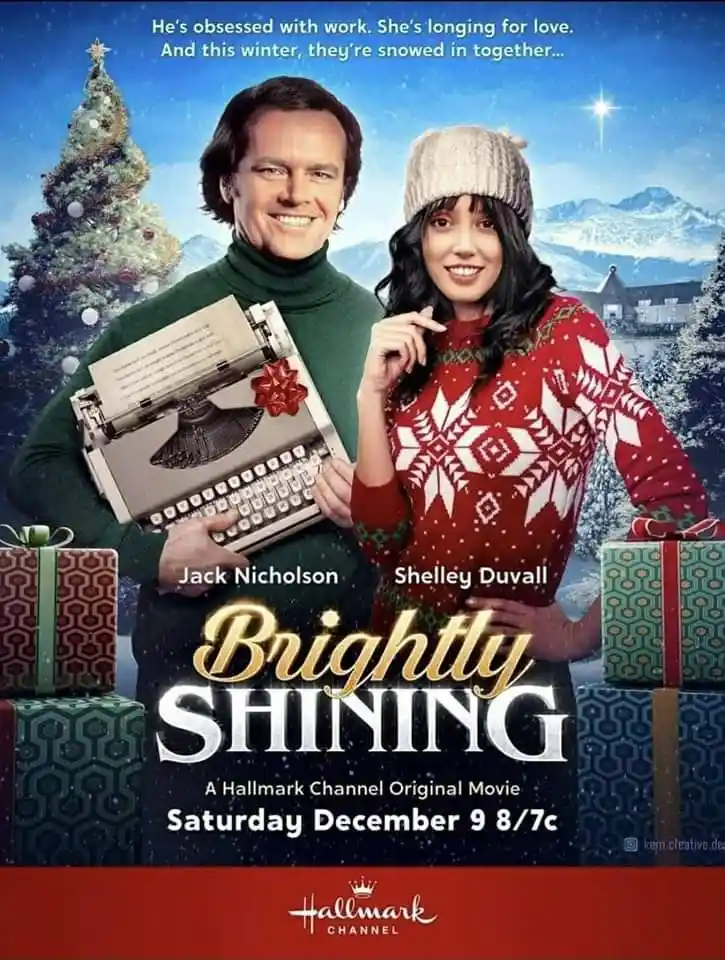 A movie poster parody featuring Jack Nicholson and Shelley Duvall in Christmas sweaters, with Nicholson holding a typewriter…