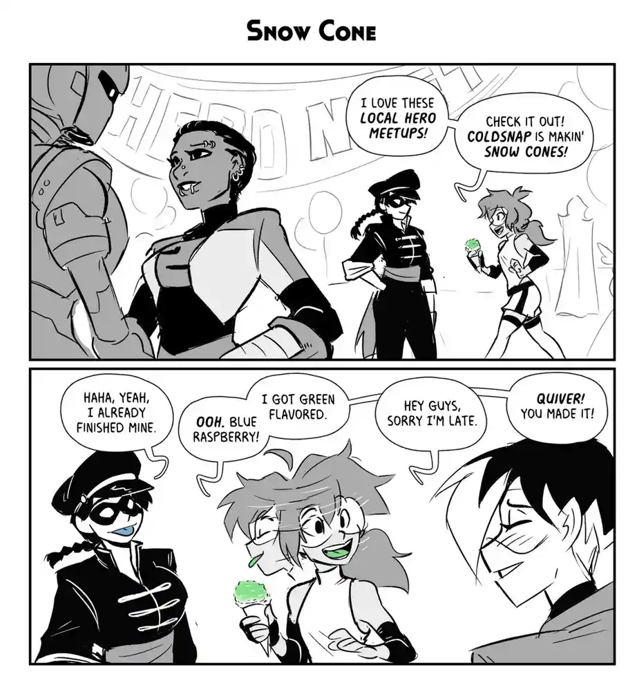 A two-panel black-and-white comic titled 'Snow Cone' shows superheroes at a meet-up. In the top panel, one hero excitedly…
