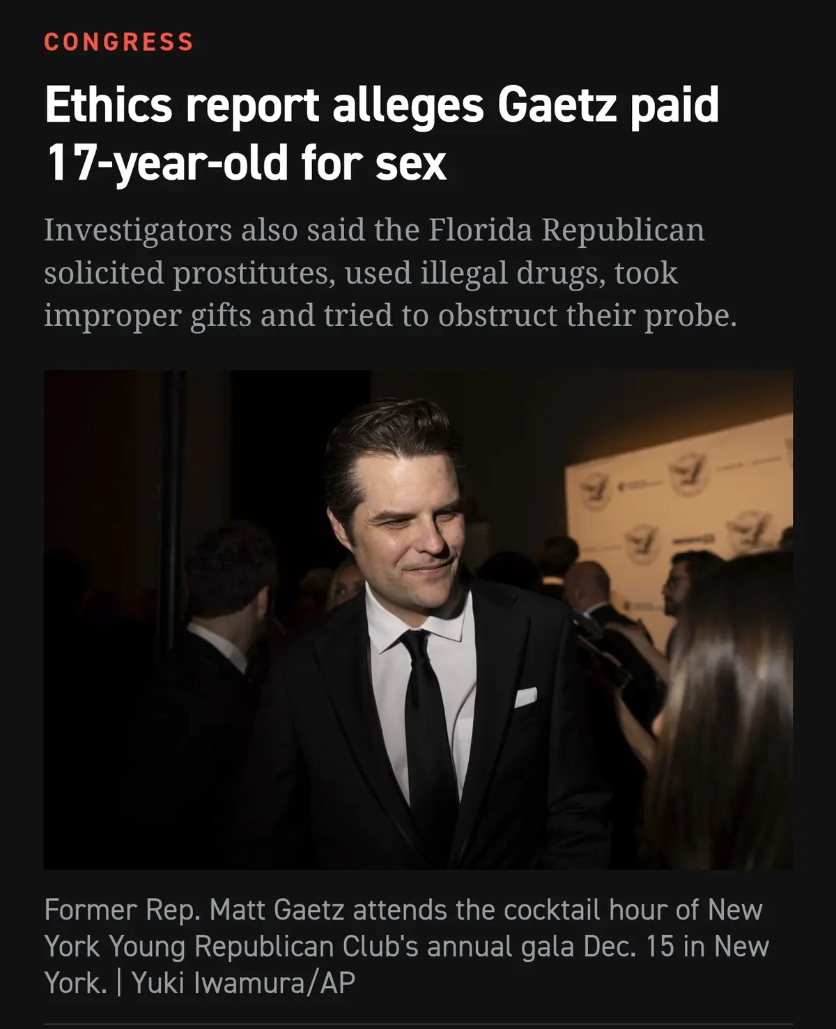 A news article screenshot shows a photo of former Rep. Matt Gaetz smiling at a gala, overlaid with a headline alleging he…