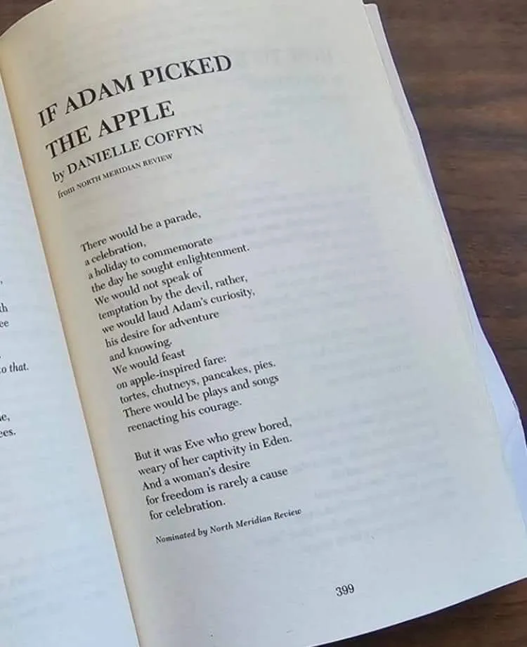 An open book page displays a poem titled 'IF ADAM PICKED THE APPLE' by Danielle Coffyn, which reimagines the biblical story…