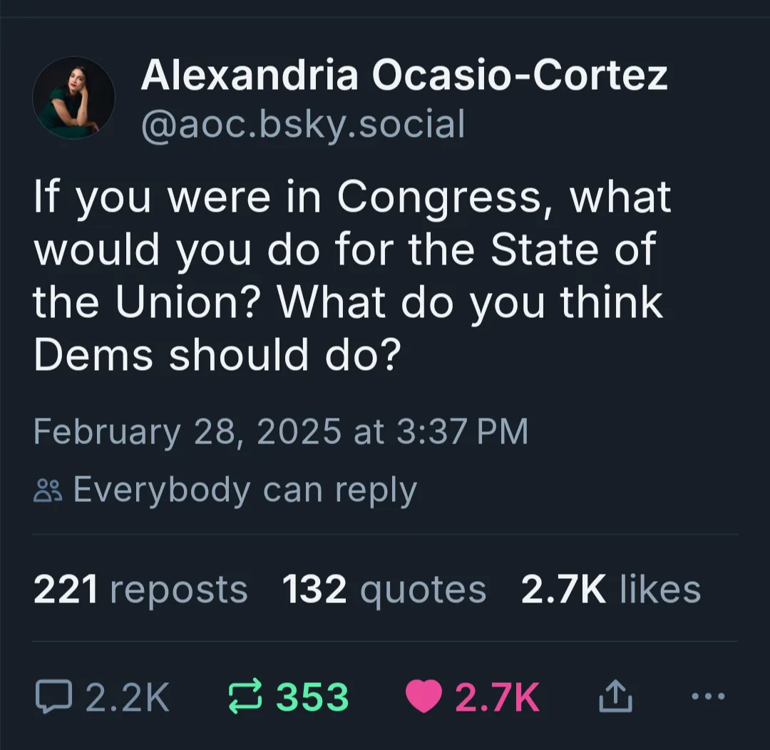 A screenshot of a social media post by Alexandria Ocasio-Cortez on a platform resembling Bluesky, asking followers 'If you…