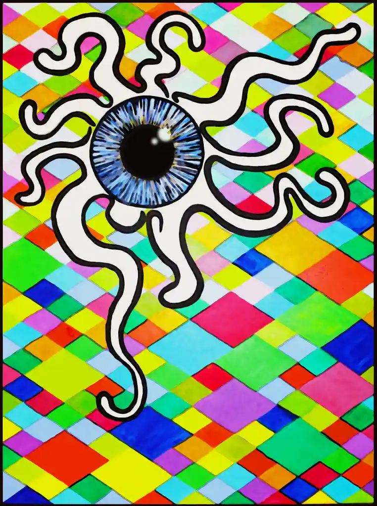 A stylized illustration features a large, detailed blue eye with a black pupil, surrounded by ten white, wavy tentacles…