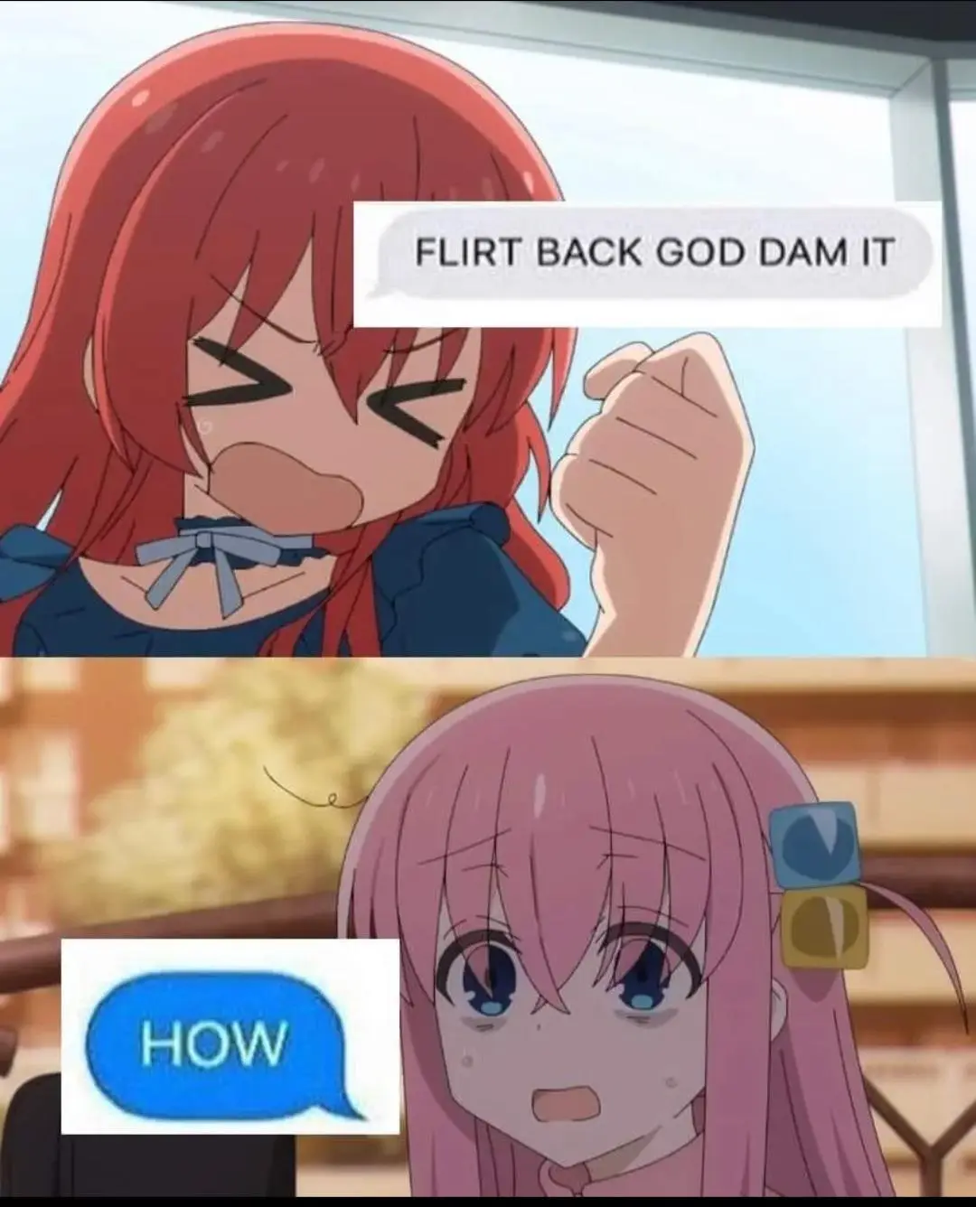 The top panel shows a red-haired anime girl with a frustrated, angry expression, clenching her fist, with a text bubble…