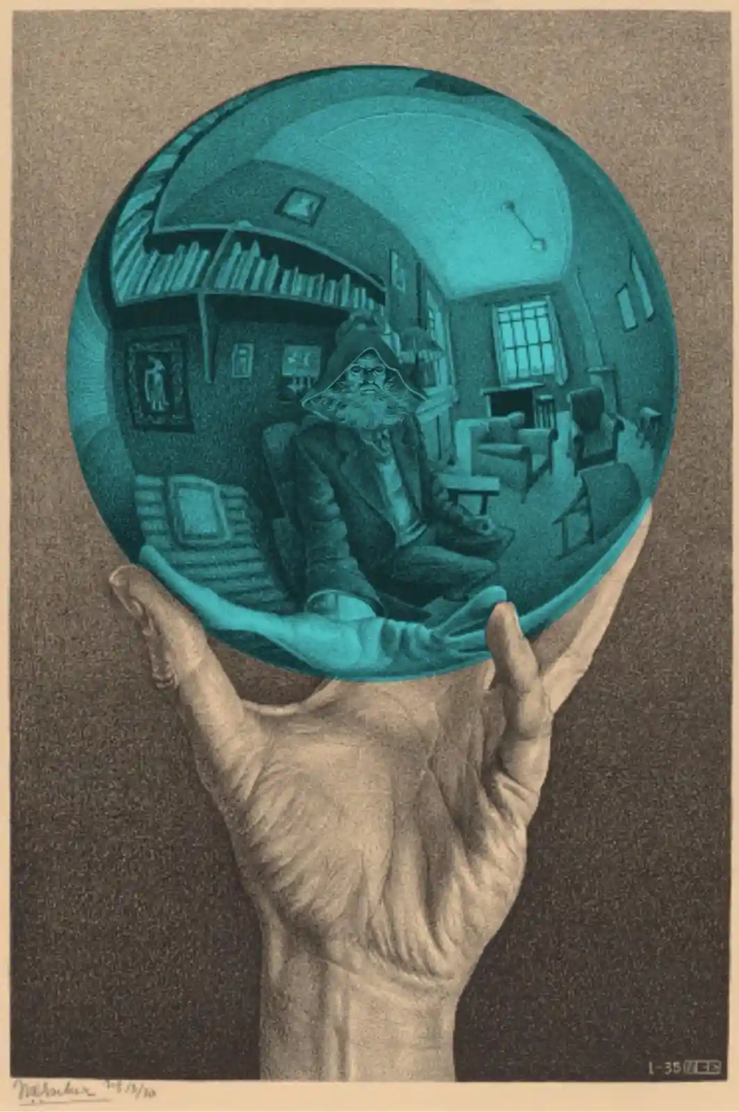 A hand holds a large, teal-tinted crystal ball that reflects a distorted, fisheye view of a man with a long beard and hood…