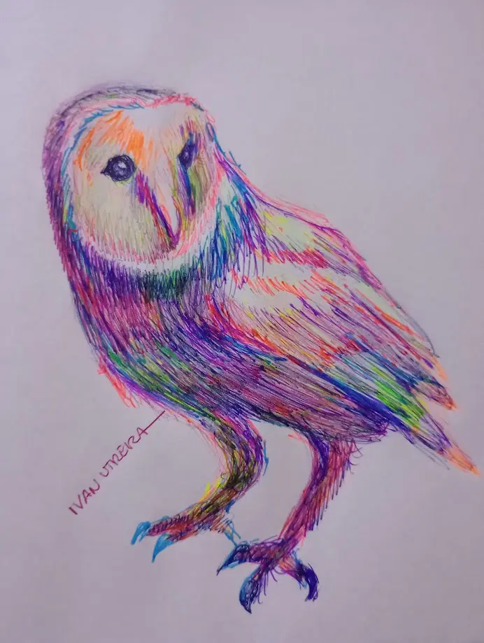 A hand-drawn illustration of an owl, rendered with vibrant, overlapping crayon strokes in rainbow colors across its…