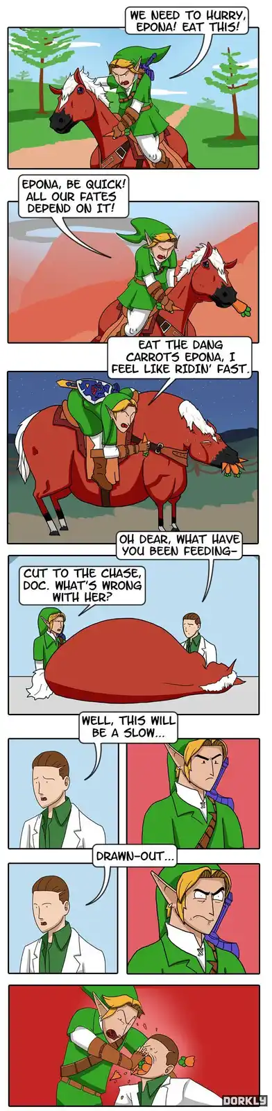 A comic strip shows Link desperately feeding carrots to his horse Epona to make her run faster, but she becomes overly…