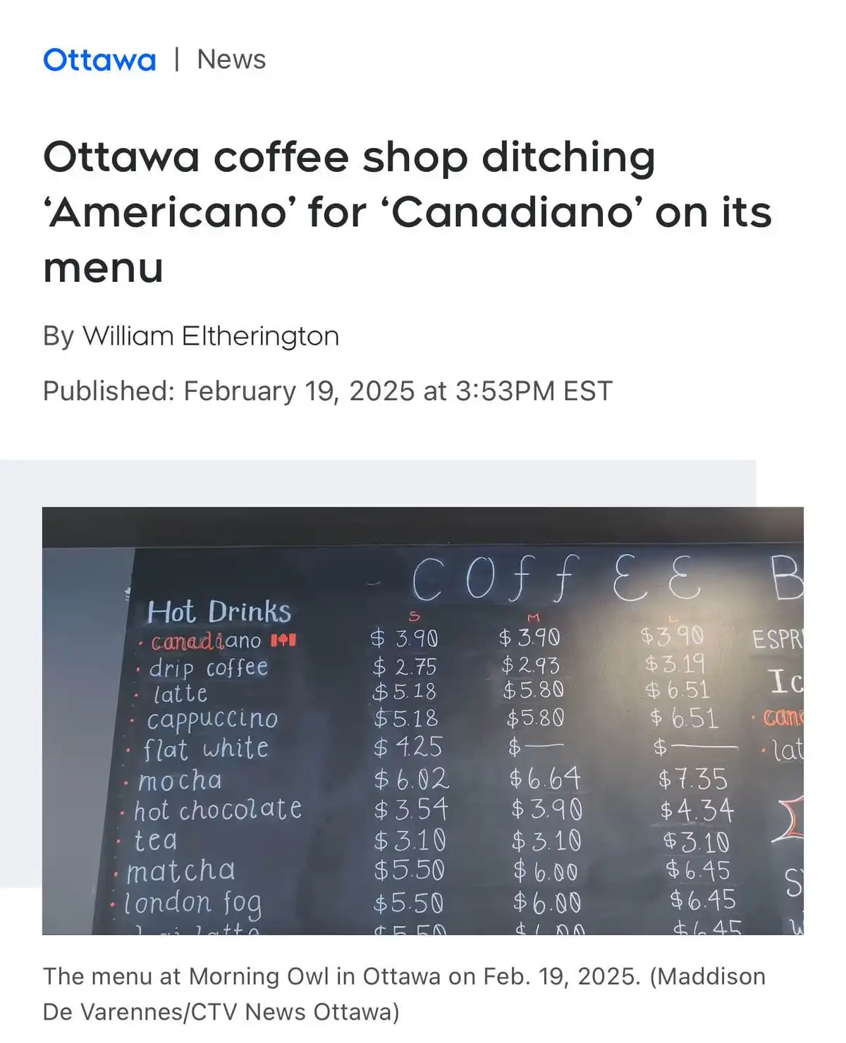 A news article screenshot shows a chalkboard coffee menu where 'canadiano' is listed as a hot drink option with a Canadian…