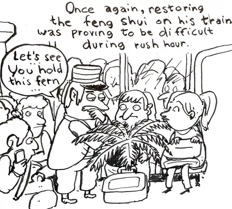 A black-and-white cartoon depicts a crowded train during rush hour. A man in a conductor's hat holds a large fern plant…