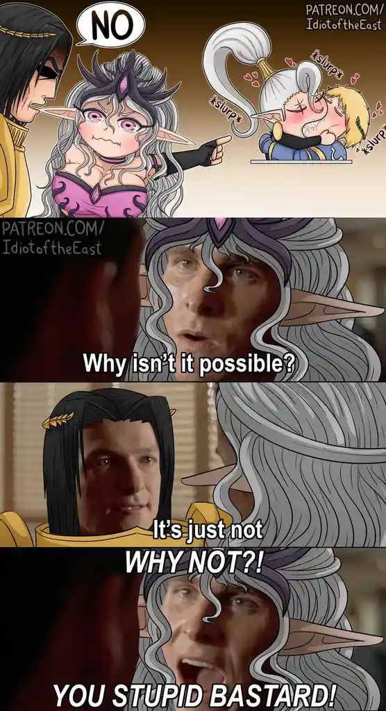The meme features three panels: the top shows an anime-style elf woman angrily pointing at a couple kissing with 'NO' and…