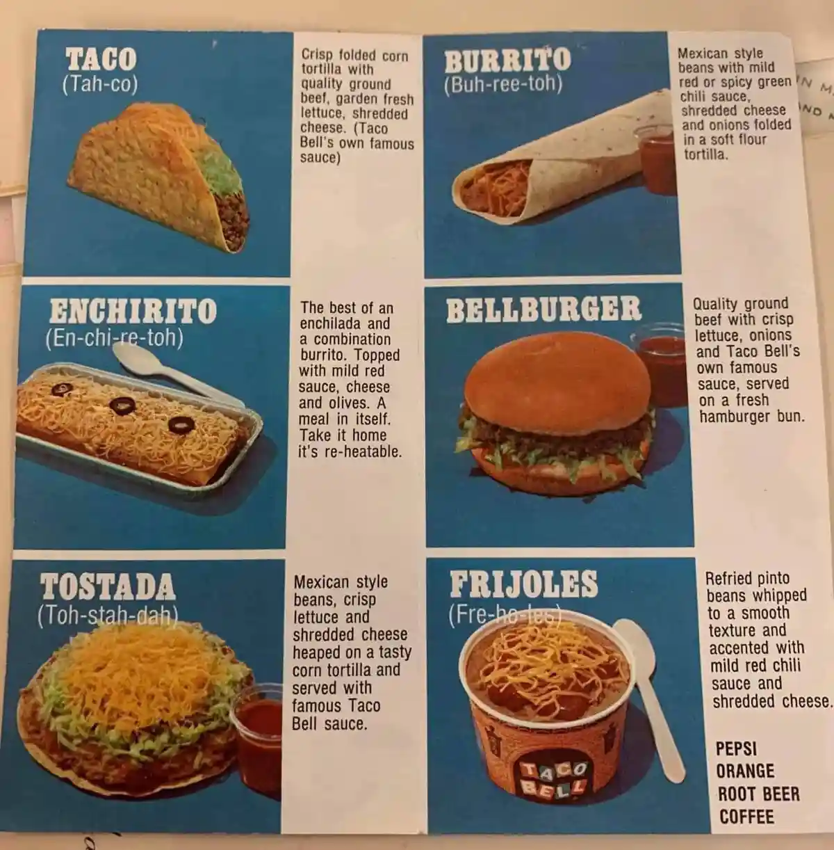 A vintage Taco Bell menu page showing six food items: Taco, Burrito, Enchirito, Bellburger, Tostada, and Frijoles, each with…