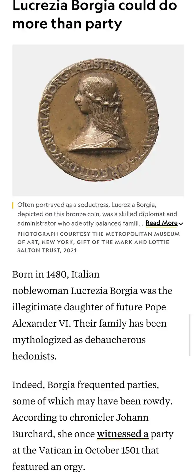 The image shows a bronze coin featuring a profile portrait of Lucrezia Borgia, with Latin text encircling her image…
