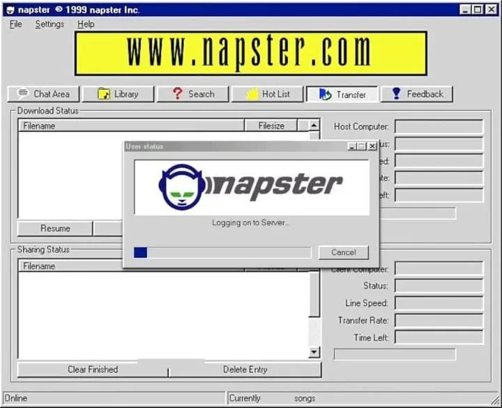 A screenshot of the Napster 1999 desktop application interface, showing a login dialog box with the Napster logo and the…