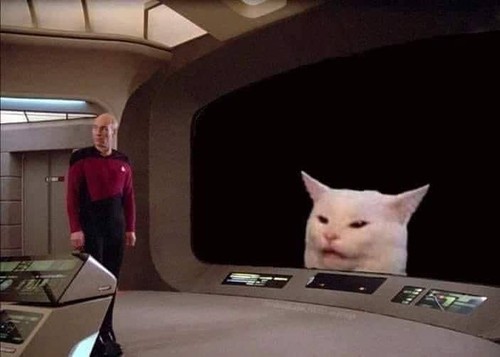 A still from Star Trek: The Next Generation shows Captain Picard standing in a starship bridge, looking toward a large…
