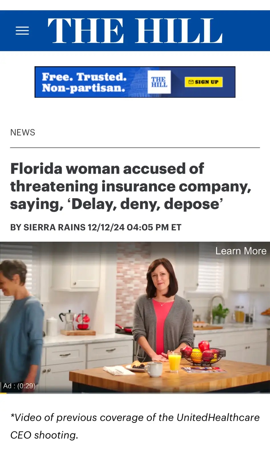 A screenshot of a The Hill news article about a Florida woman accused of threatening an insurance company. The article's…