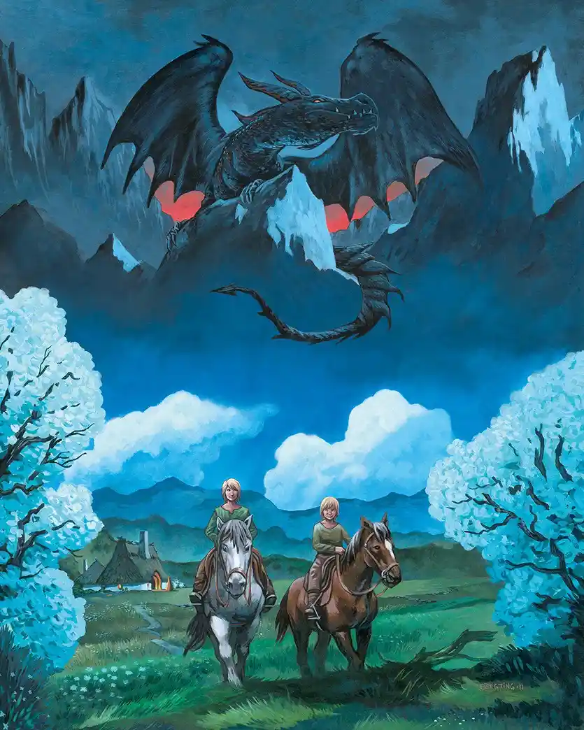 A fantasy painting depicts two children riding horses through a serene, pastoral landscape with blooming blue trees and…