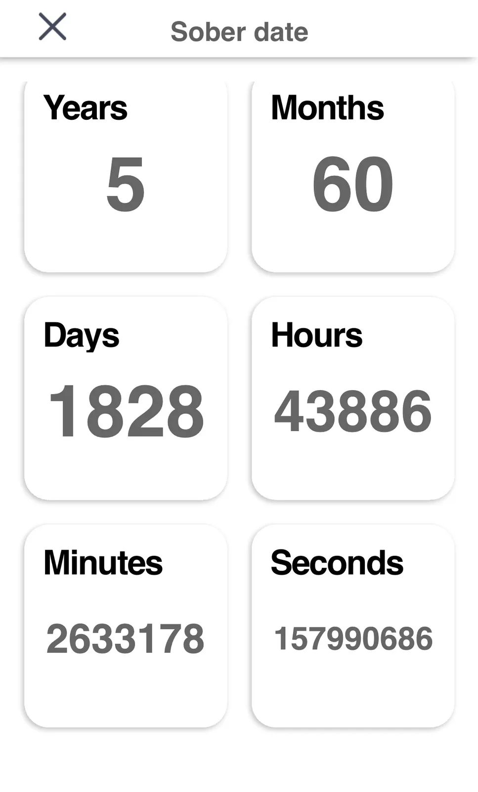A screenshot of a digital counter labeled 'Sober date' showing 5 years, 60 months, 1828 days, 43886 hours, 2633178 minutes…