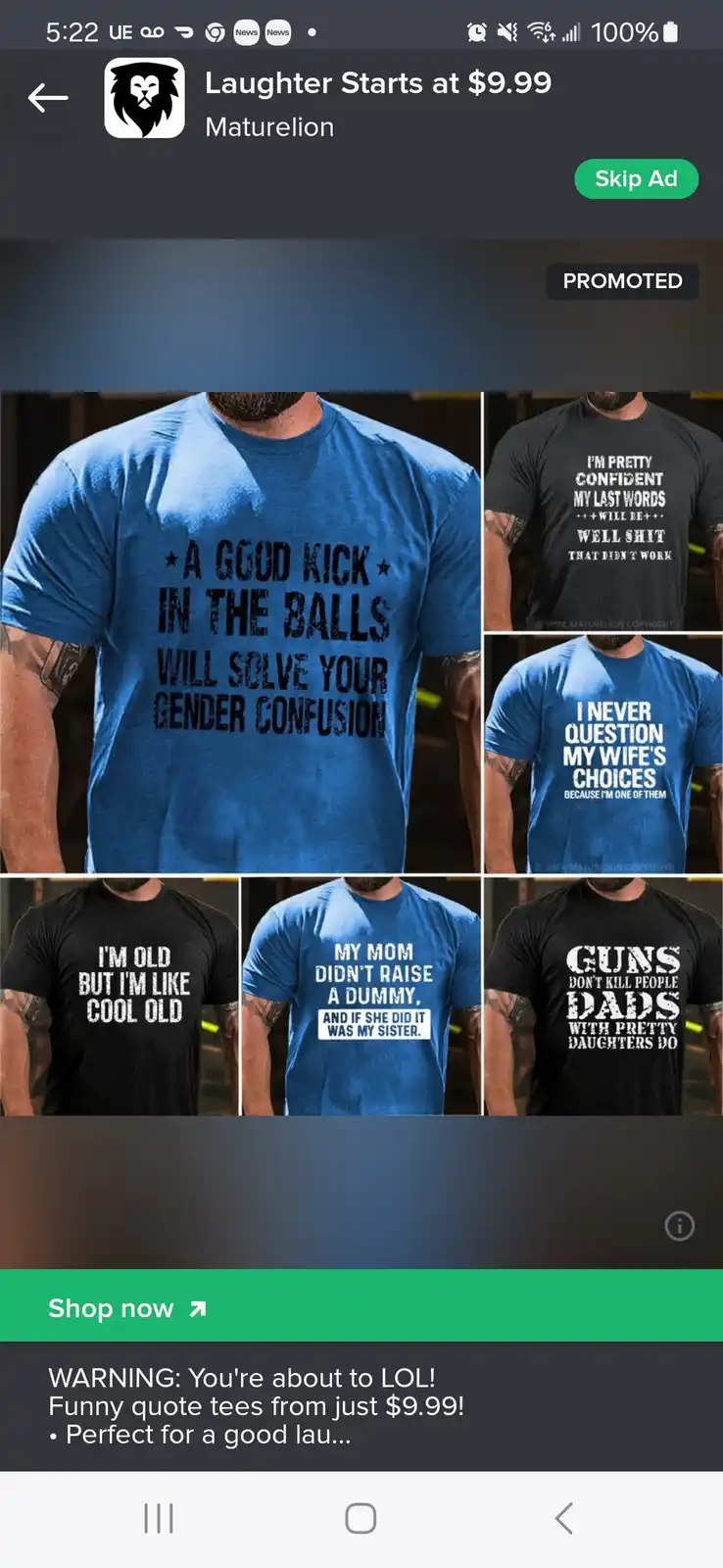 An advertisement for 'Maturelion' t-shirts shows a man in a blue tee with the text 'A GOOD KICK IN THE BALLS WILL SOLVE YOUR…
