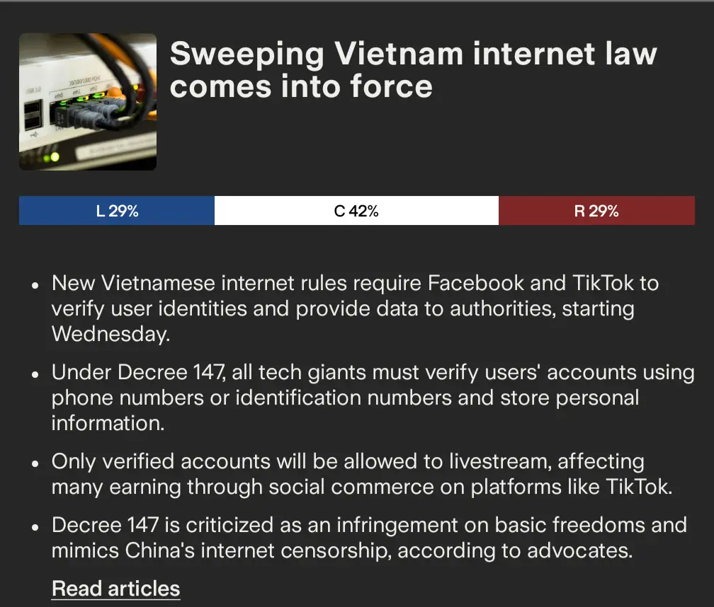 A news graphic shows a photo of a network switch with cables, overlaid with text about Vietnam's new internet law requiring…