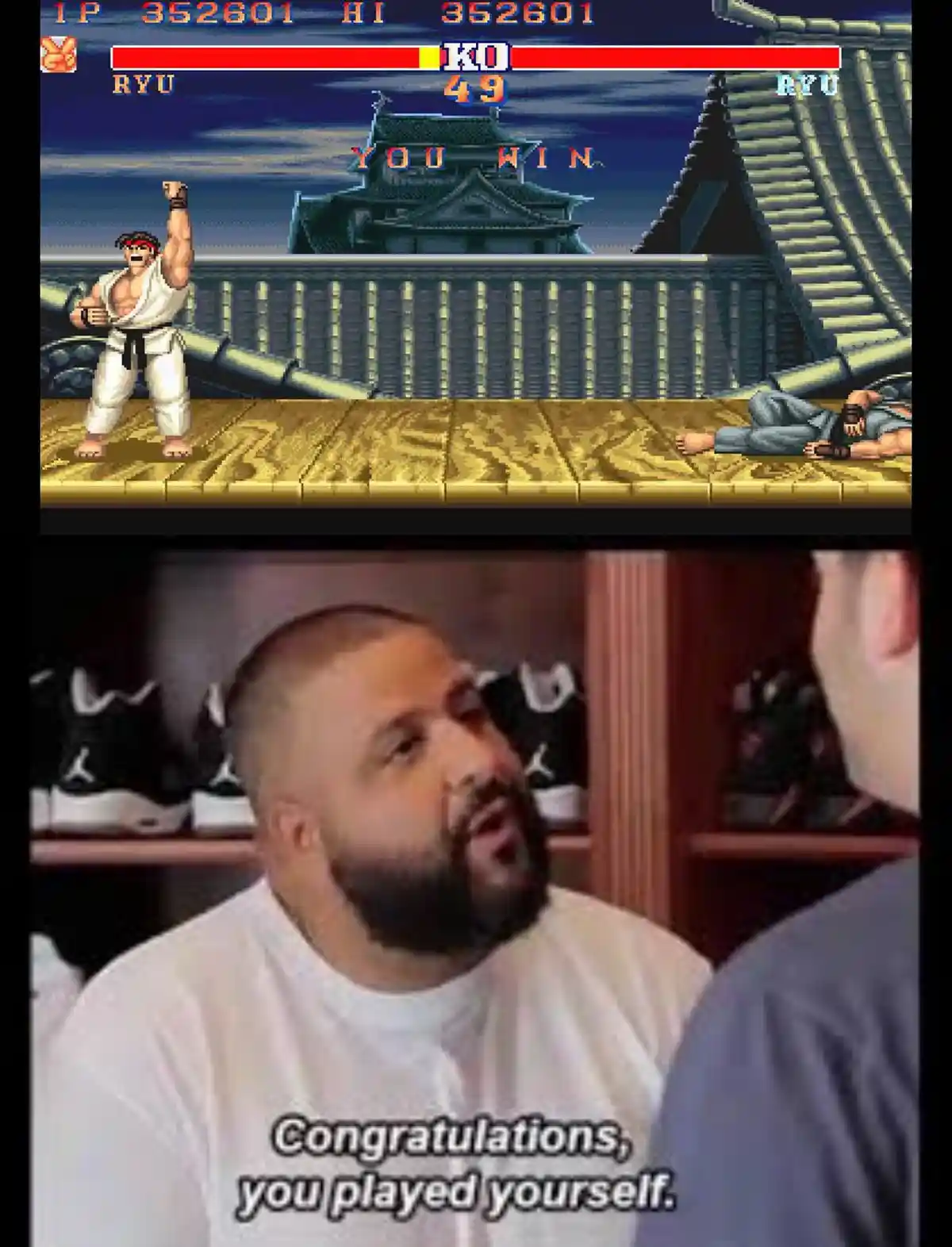 The top panel shows a pixelated Street Fighter game screen where Ryu stands victorious over a defeated opponent, with 'YOU…