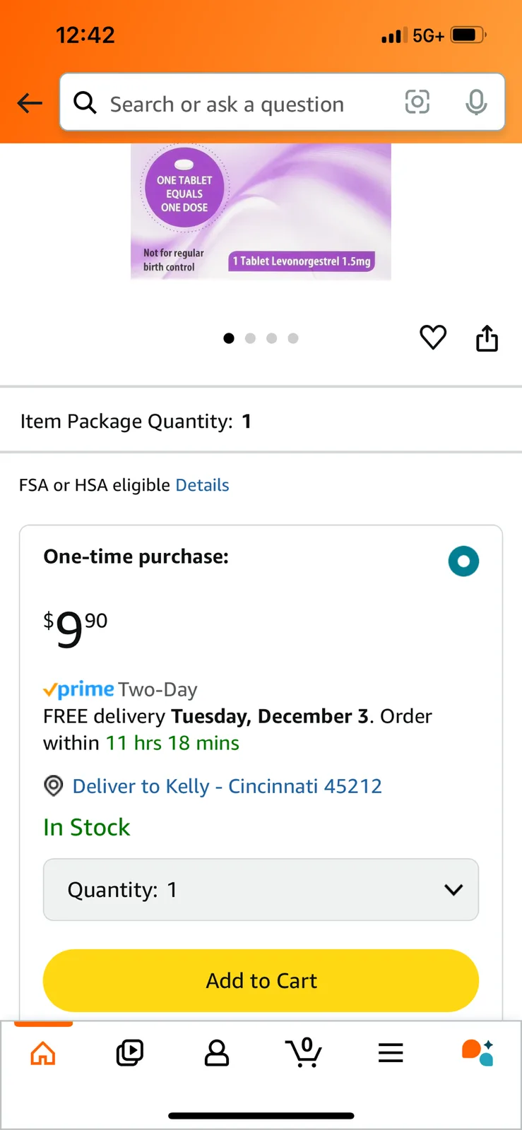 A screenshot of an Amazon product page for a single 1.5mg Levonorgestrel emergency contraceptive pill, priced at $9.90 with…