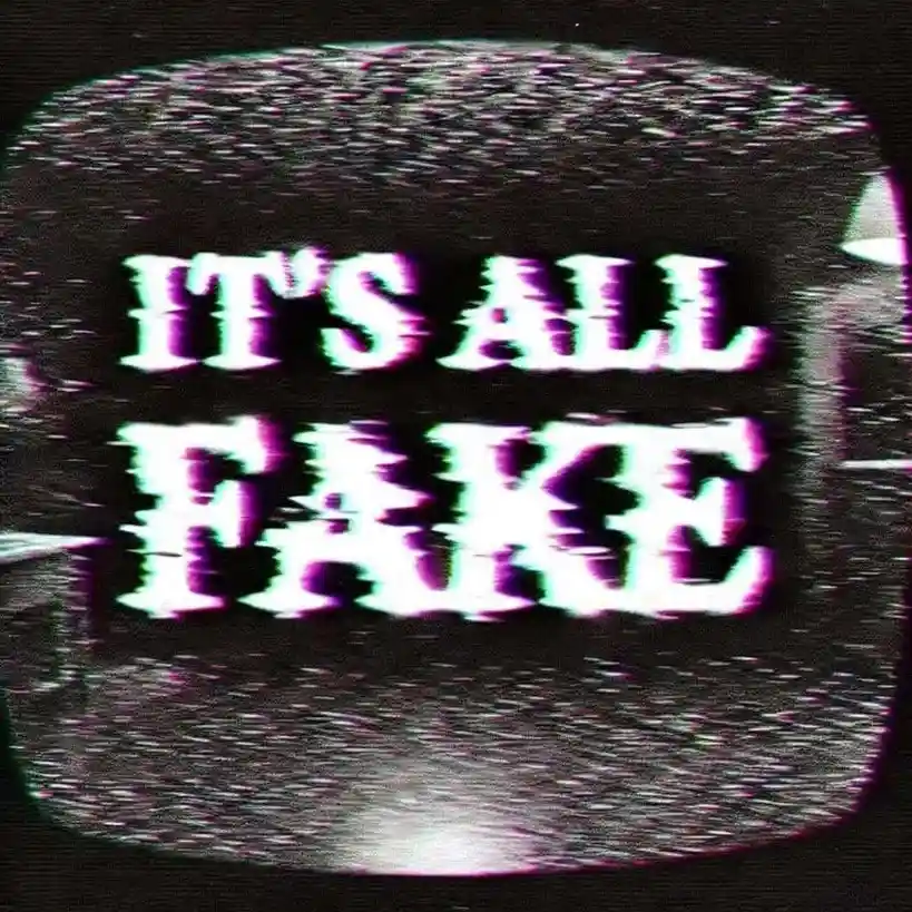 The image shows a distorted, glitchy television screen with static noise and chromatic aberration, displaying the bold…