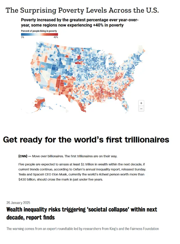 A screenshot of a CNN article from January 2025 showing a map of the U.S. with poverty levels color-coded from blue (low) to…