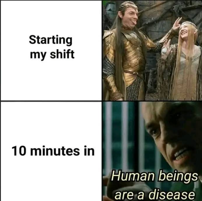 The meme is split into two panels. Top panel shows a smiling elf (Legolas) greeting another elf (Arwen) with text 'Starting…
