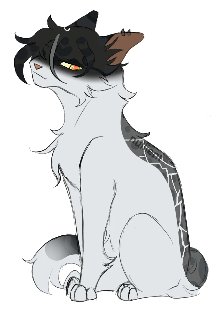 A stylized white cat with black markings sits upright, its face partially obscured by a human-like mask with glowing yellow…