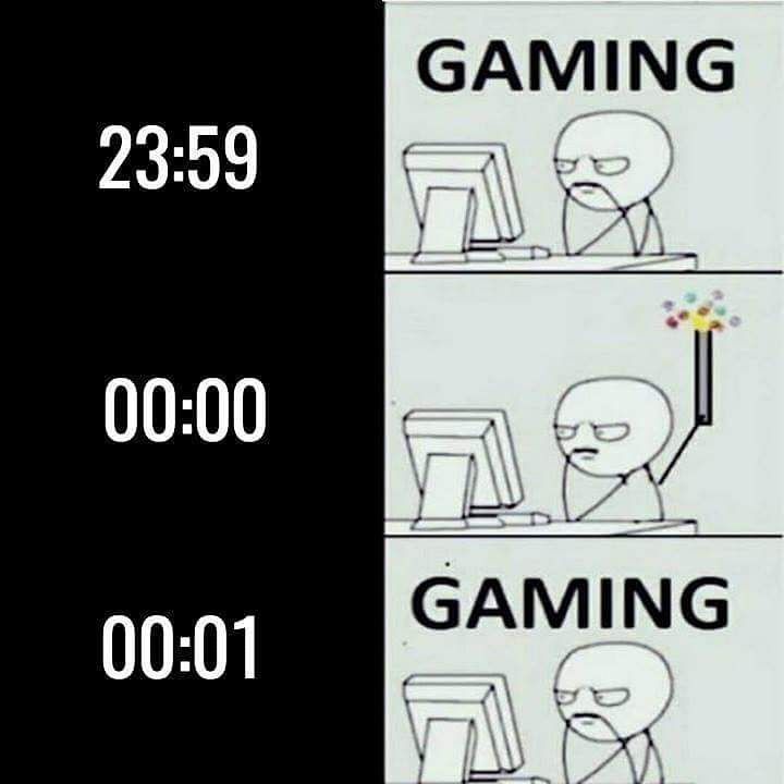 A three-panel comic strip shows a bald, angry stick figure at a computer. The top panel shows the figure at 23:59 with the…