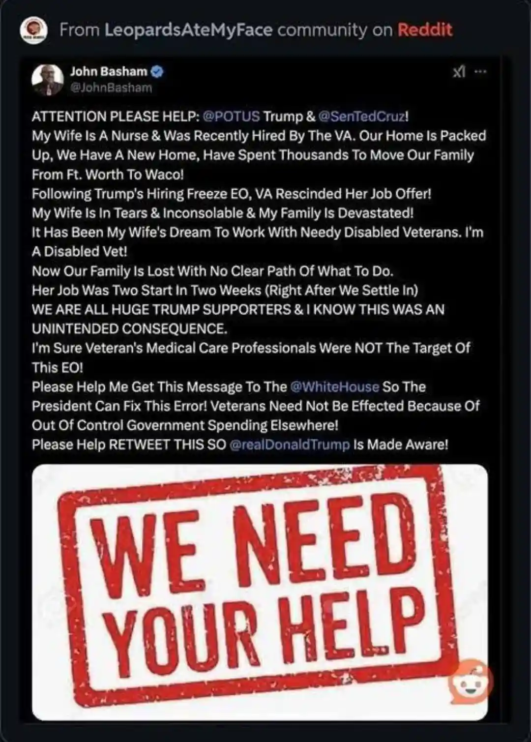 A screenshot of a tweet from John Basham, a self-identified disabled veteran and Trump supporter, pleading for help because…