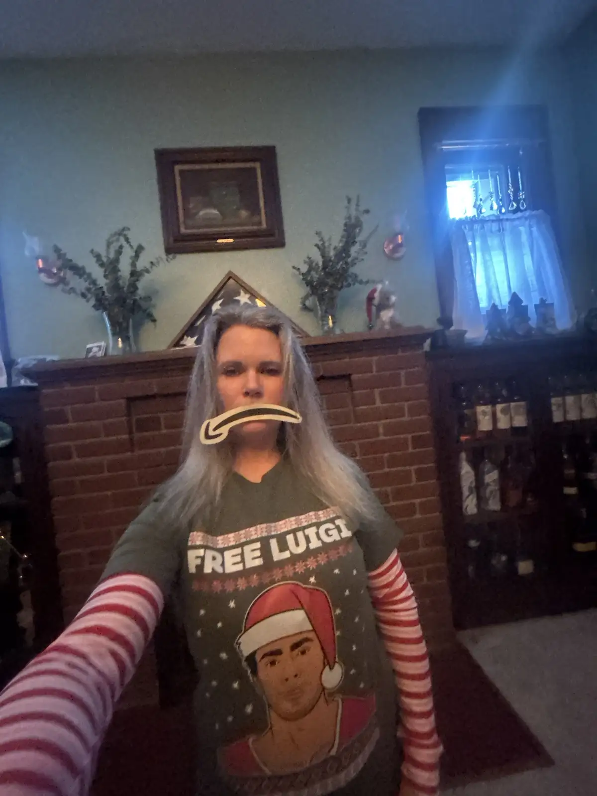 A person with long gray hair takes a selfie in front of a brick fireplace wearing a green christmas sweater that says 'FREE…