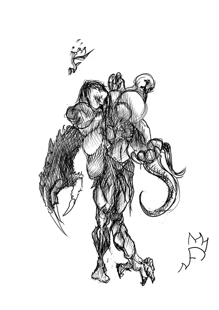 A black-and-white sketch depicts a monstrous, hulking creature with multiple limbs, claws, and a tail, rendered in chaotic…