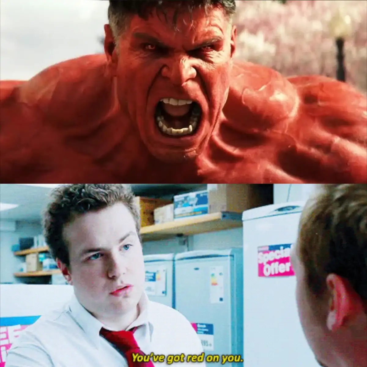 The top panel shows the Red Hulk, a muscular red-skinned superhero, roaring with an angry, intense expression. The bottom…