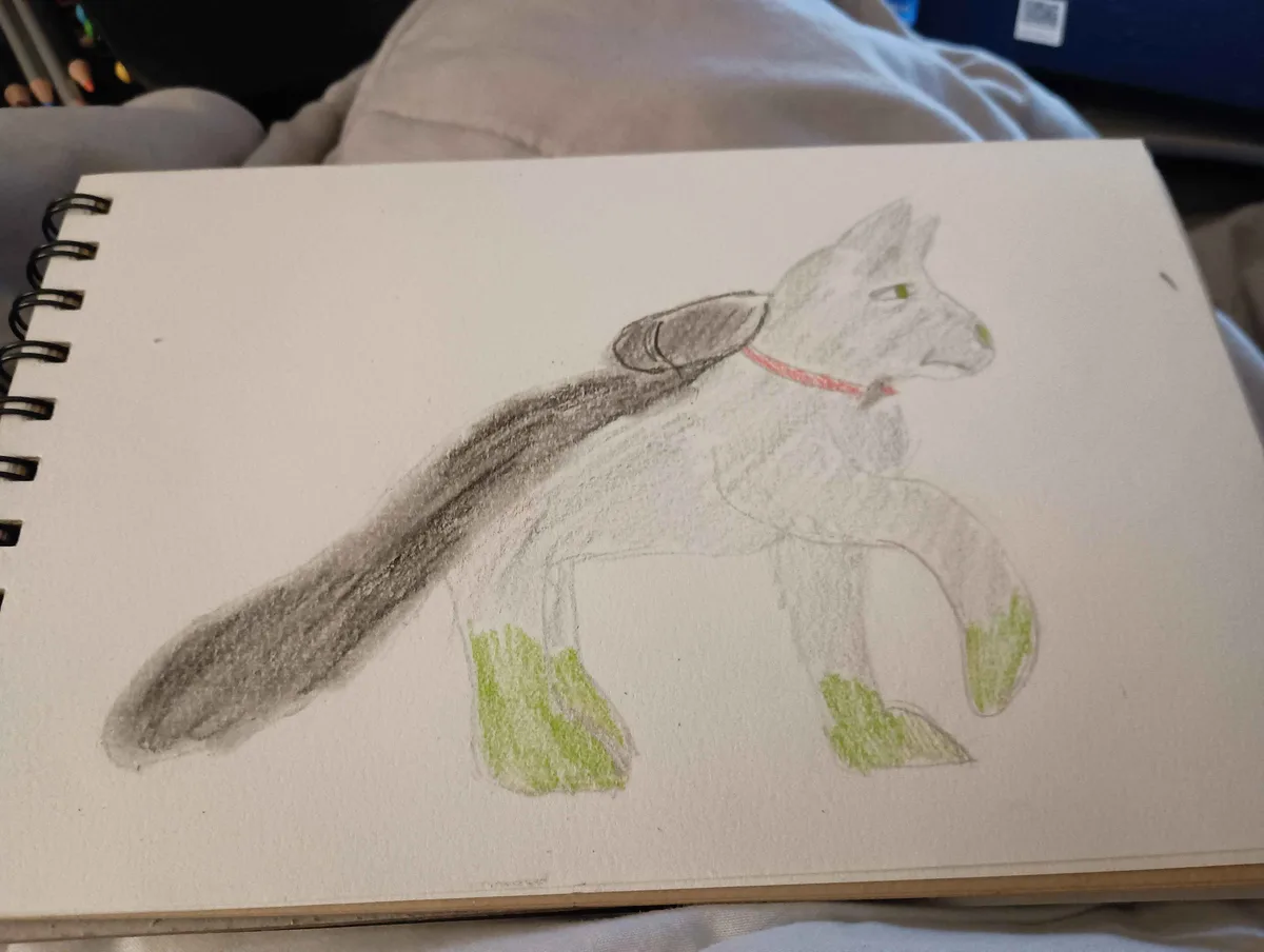 A hand-drawn sketch in a spiral-bound notebook shows a canine-like creature with a long grey tail, green-painted paws, and a…