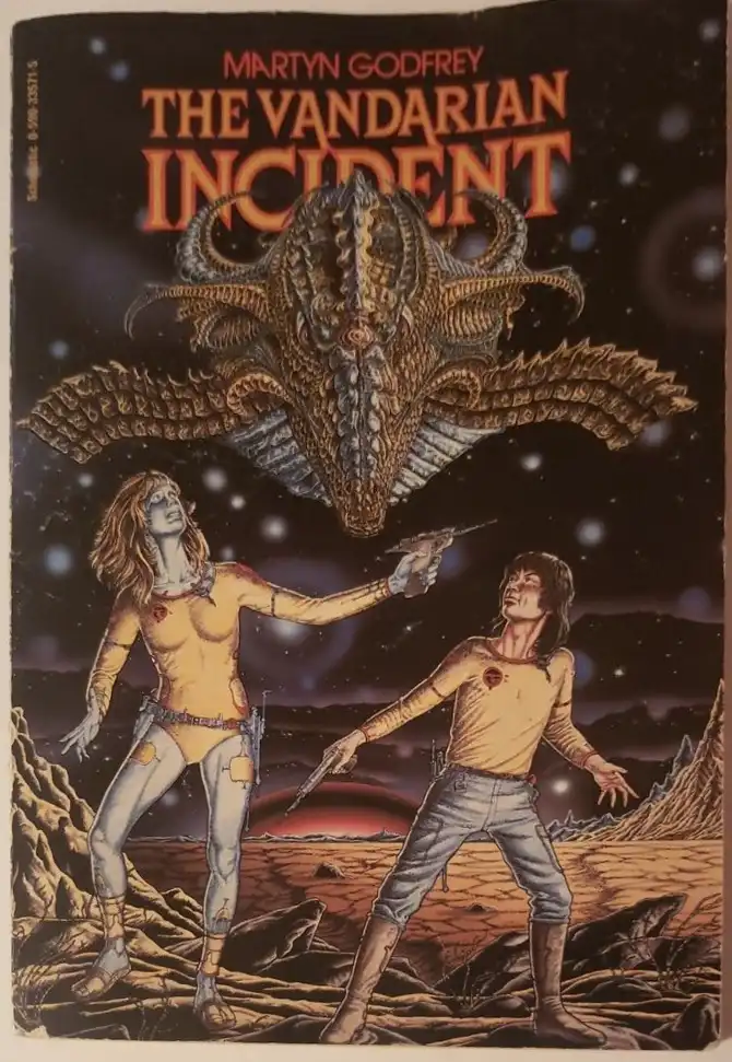 A vintage science fiction book cover by Martyn Godfrey titled 'The Vandarian Incident' depicts two humans, a woman and a…