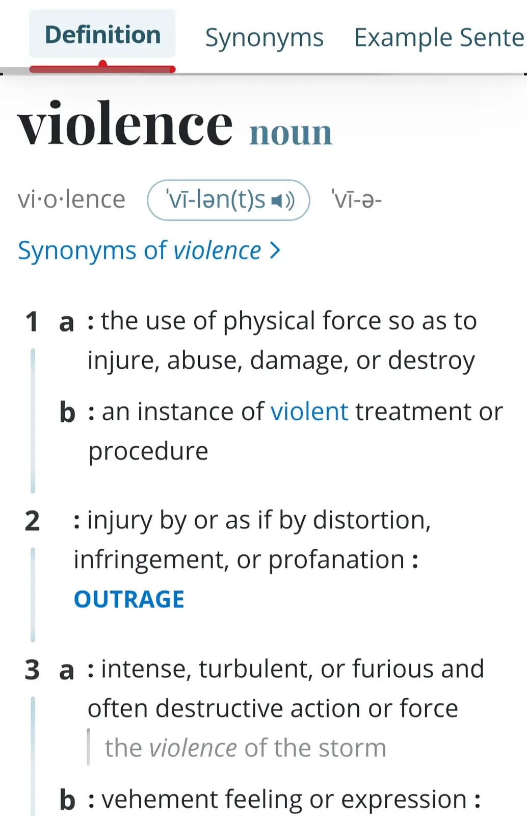 A screenshot of a dictionary definition for 'violence' showing multiple meanings, including physical force, violent…