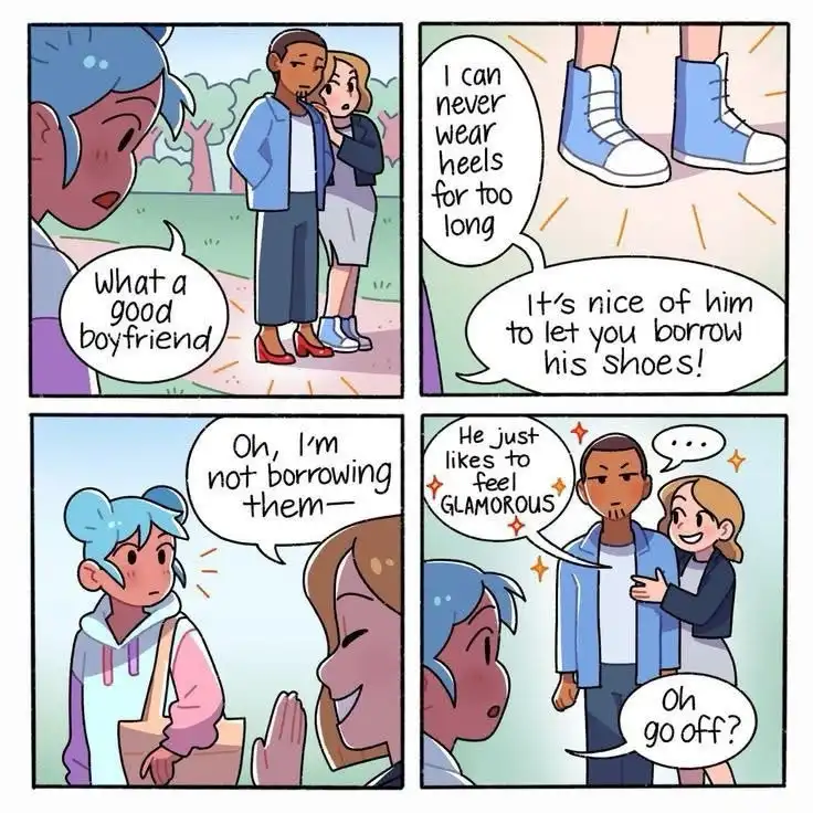 A four-panel comic shows a woman admiring a couple where the boyfriend lets his girlfriend borrow his shoes. She assumes…