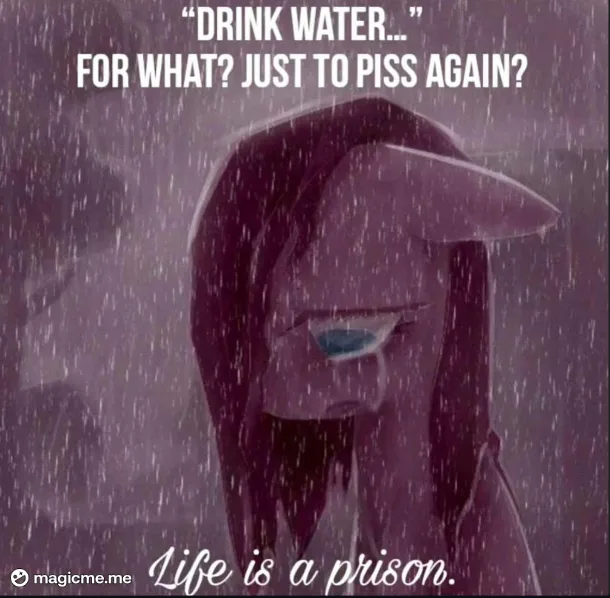 An anime-style character with long dark hair and a cap, looking downcast in heavy rain. The text overlaid reads: “DRINK…