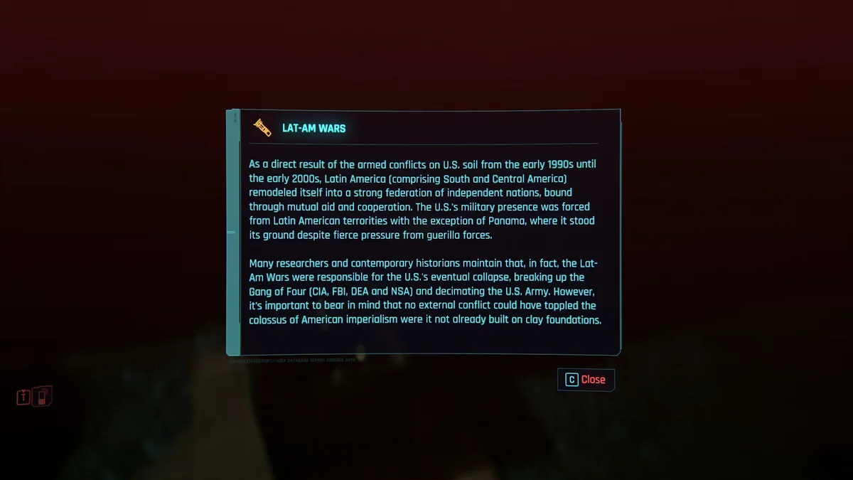 A screenshot from a video game shows a futuristic-looking database report titled 'LAT-AM WARS' with glowing cyan text on a…