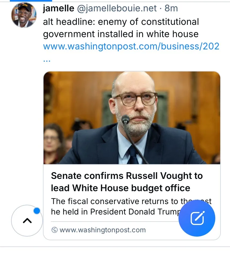 A screenshot of a Washington Post article headline about Russell Vought being confirmed to lead the White House budget…