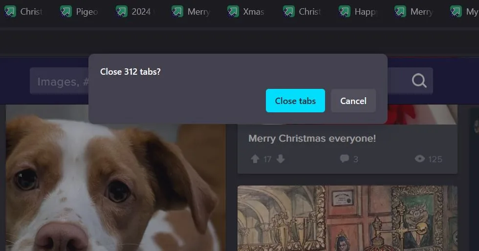 A browser window shows a pop-up asking 'Close 312 tabs?' with 'Close tabs' and 'Cancel' buttons. Behind it, a dog's face is…