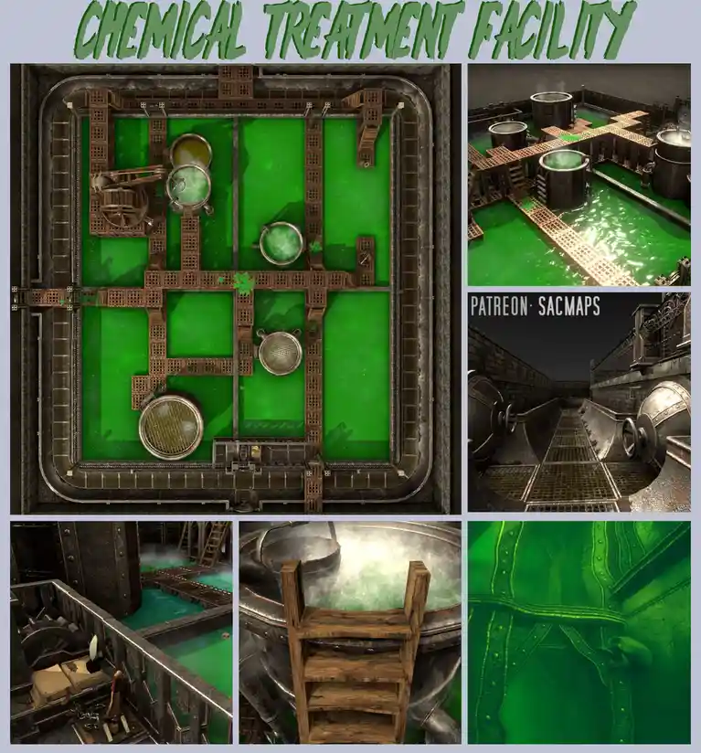 A collage of six images from a video game map titled 'CHEMICAL TREATMENT FACILITY,' showing a top-down view of a grid of…