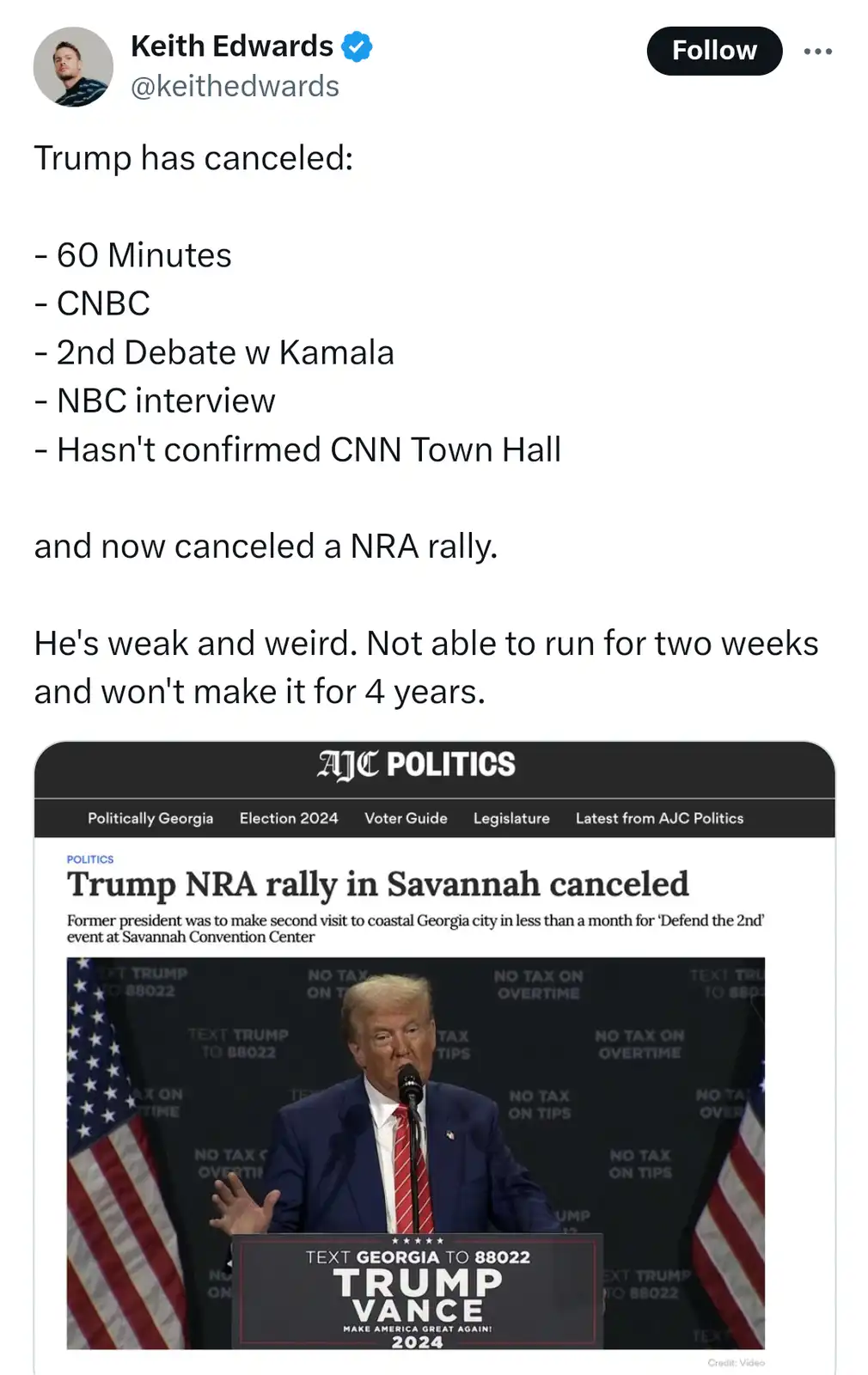 A screenshot of a tweet by Keith Edwards listing canceled appearances by Donald Trump, including major media interviews and…